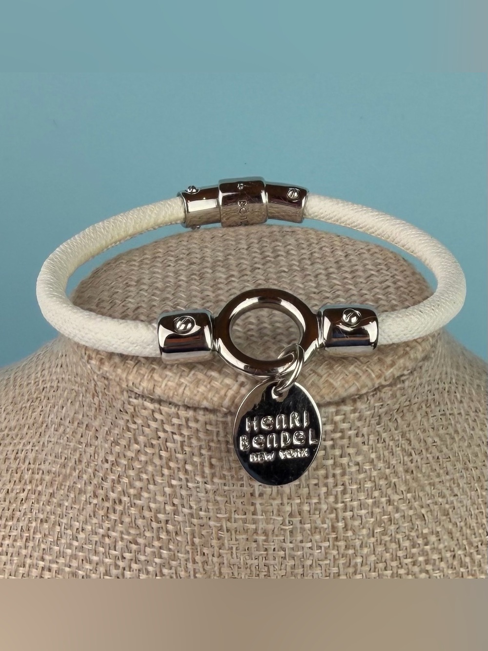 Henri Bendel New York Ivory Leather Cord Charm Bracelet with Crystal Accent
